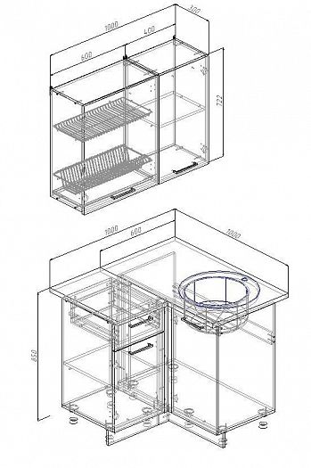 Угловой кухонный гарнитур "Лофт" 1000*1000 мм - схема