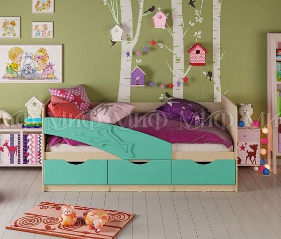 Кровать "Дельфин" 1,6*0,8 м (МДФ матовый) - Цвет фасадов: Бирюза Матовая