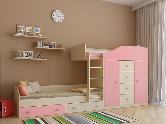 Двухъярусная кровать Астра 6 - Двухъярусная кровать Астра 6, Цвет: Дуб молочный/Розовый