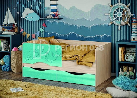 Кровать "Дельфин-2" (фасад 3D) 1600 мм - Цвет: Ясень Шимо светлый/Бирюза металлик