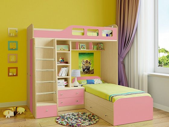 Двухъярусная кровать Астра 4 - Двухъярусная кровать Астра 4, Цвет: Дуб молочный/Розовый