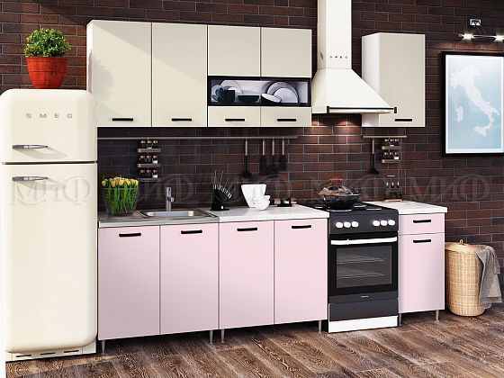 Кухня "Рио-2" 2000 мм - Белый/Бежевый/Розовый